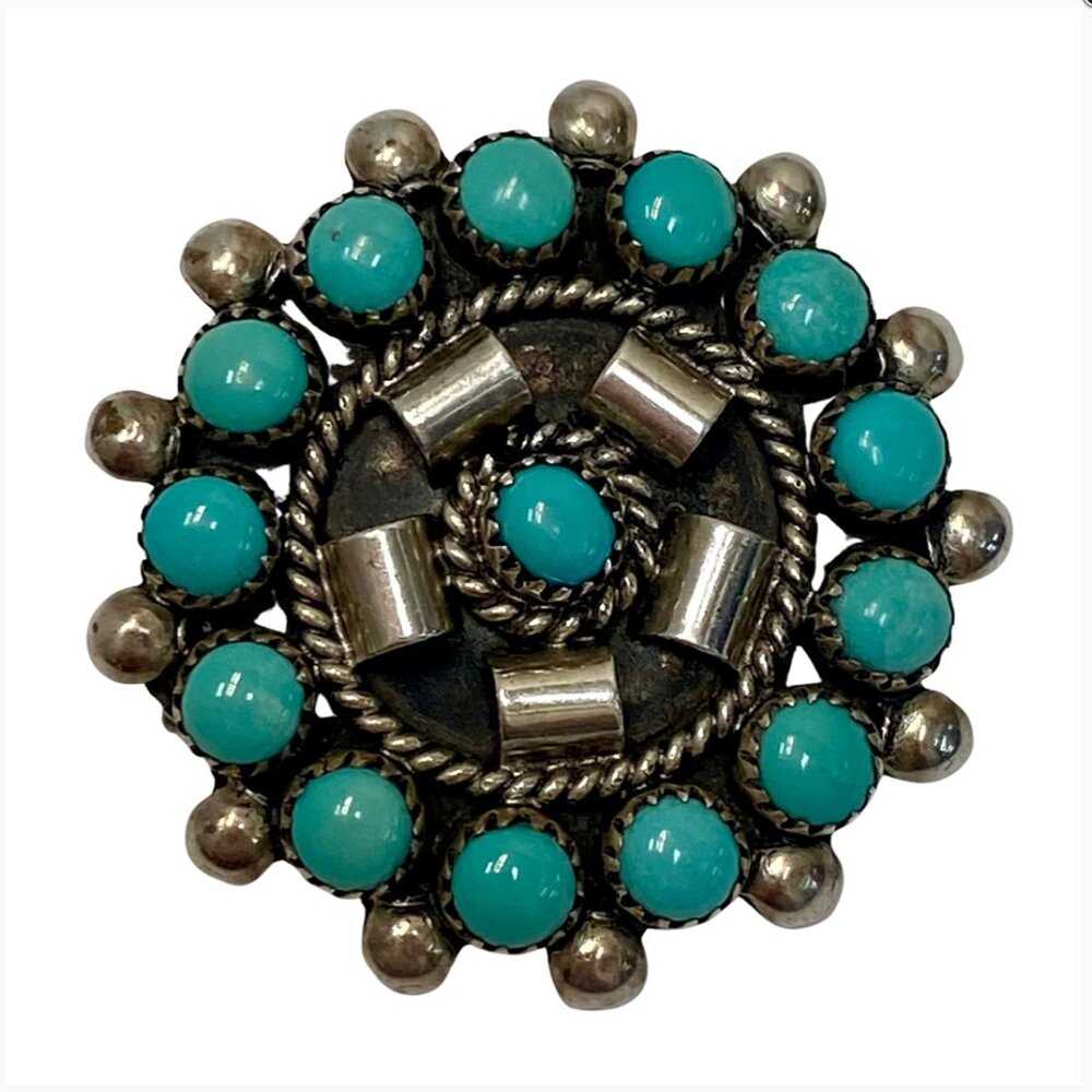 Native American Zuni Sterling Silver Pettipoint Turquoise Brooch  Pendant